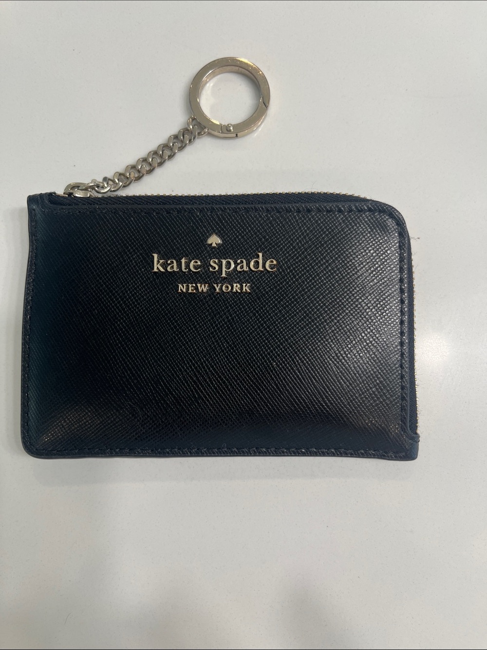 kate spade black zip keyring card case with gold logo